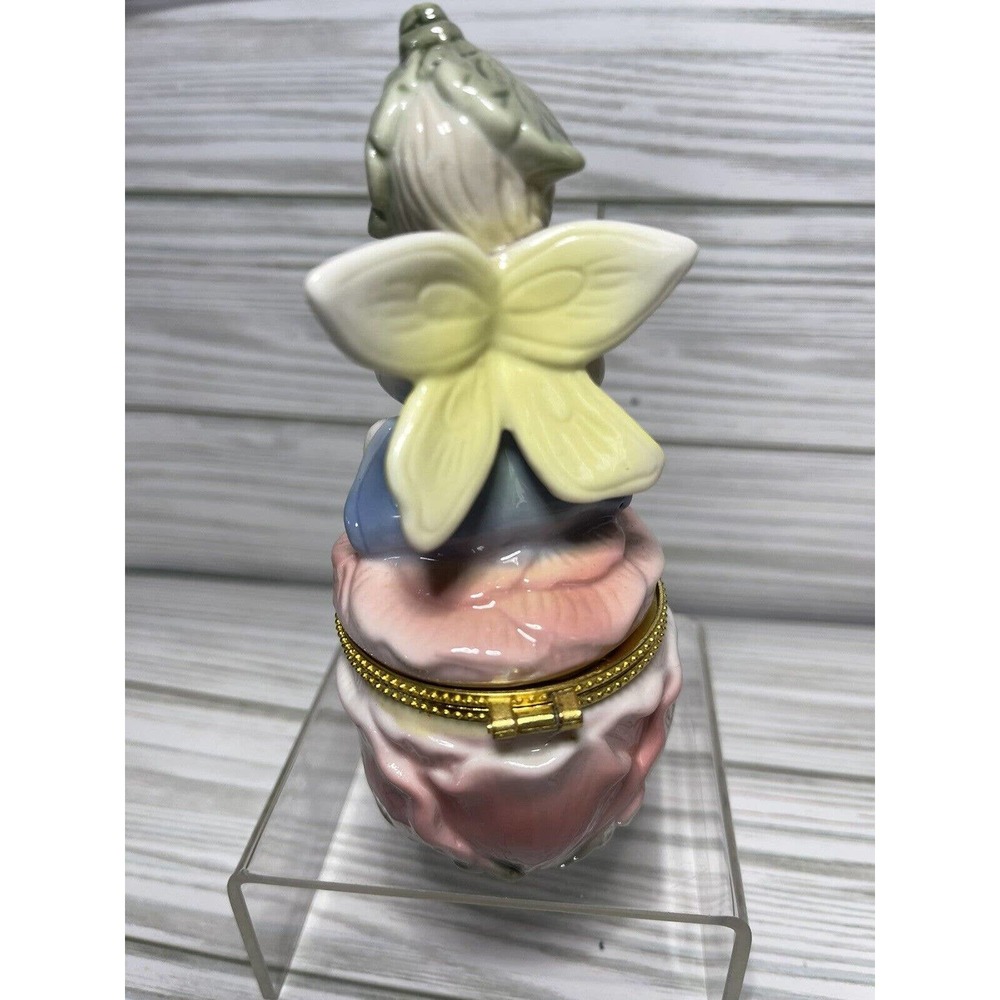 Vintage Hinged Trinket Box Fairy Angel Cherub Pink Yellow Florals 5.25" - Picture 3 of 9